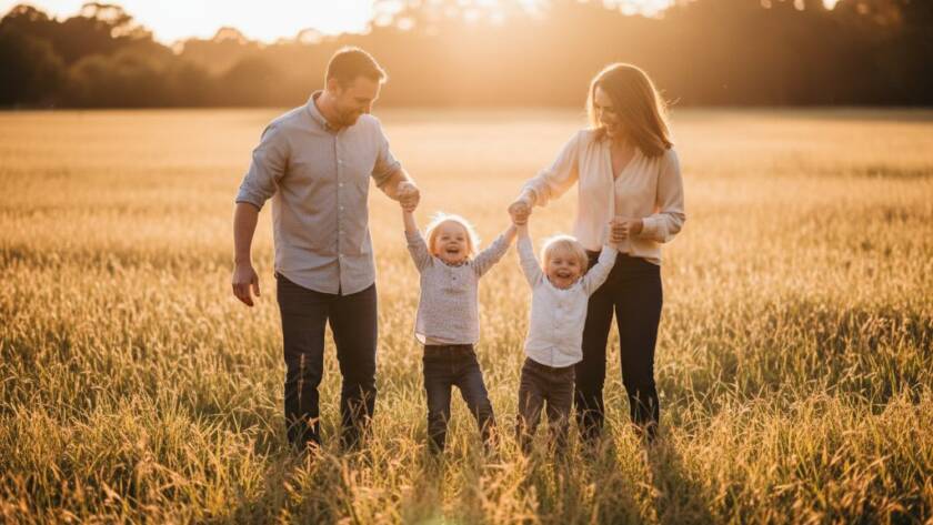 A heartwarming Springvale South candid family photography moment showing a child laughing joyfully while being playfully swung by parents in a sun-drenched park, capturing pure emotion.