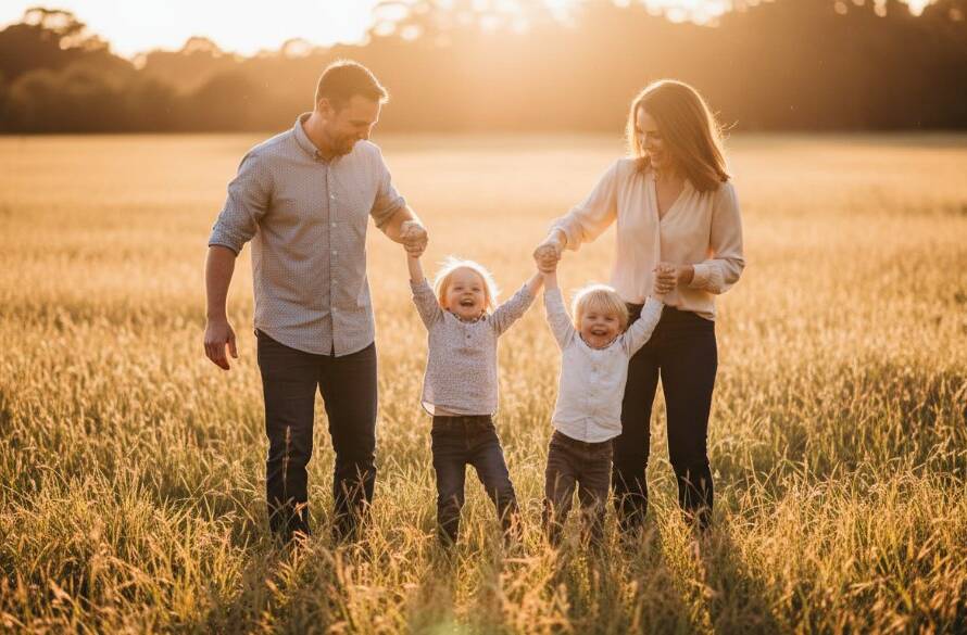 A heartwarming Springvale South candid family photography moment showing a child laughing joyfully while being playfully swung by parents in a sun-drenched park, capturing pure emotion.