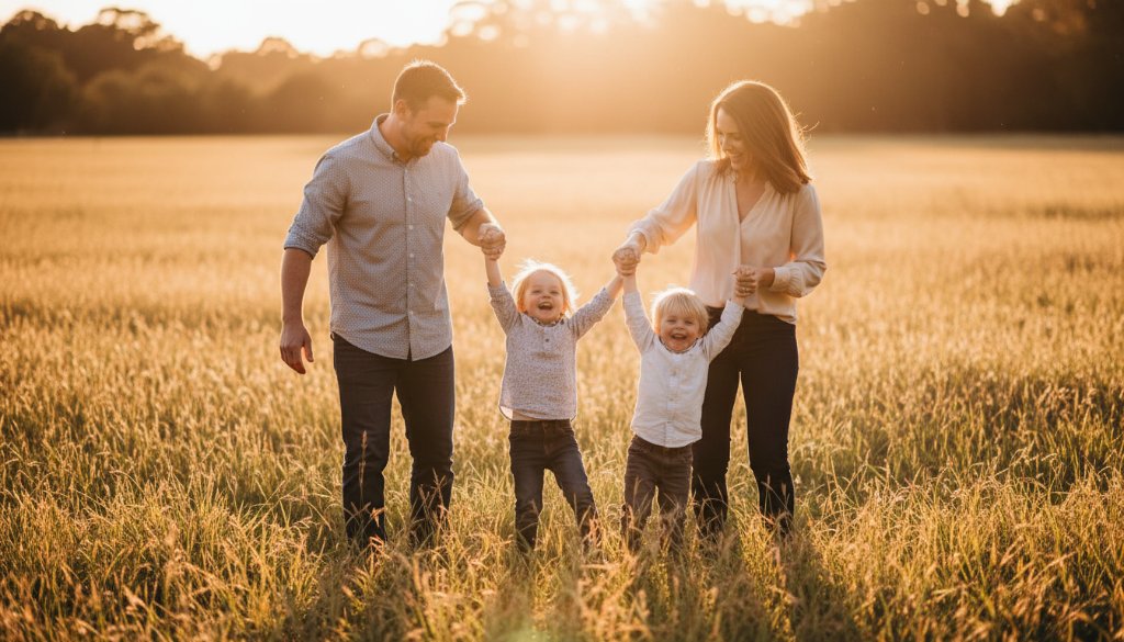 A heartwarming Springvale South candid family photography moment showing a child laughing joyfully while being playfully swung by parents in a sun-drenched park, capturing pure emotion.