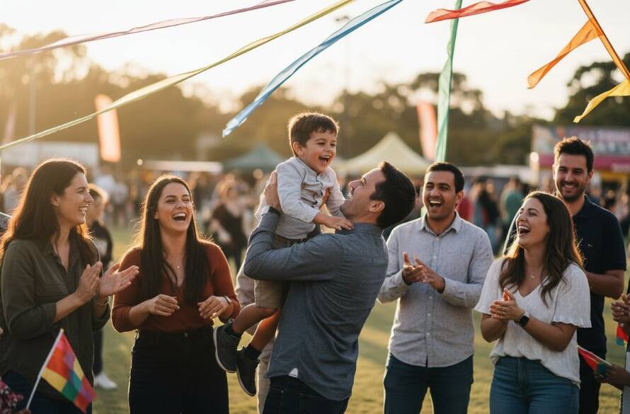 A vibrant, candid photograph capturing an epic moment of genuine joy at an outdoor community festival in Springvale South, with diverse attendees laughing and interacting under dramatic, golden hour lighting, showcasing expert Springvale South event photography capturing genuine joy.