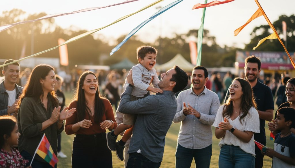 A vibrant, candid photograph capturing an epic moment of genuine joy at an outdoor community festival in Springvale South, with diverse attendees laughing and interacting under dramatic, golden hour lighting, showcasing expert Springvale South event photography capturing genuine joy.