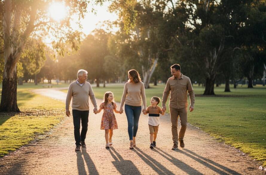 A poignant Springvale South fine art photography heirloom portrait of a multi-generational family, captured at sunset in a vibrant Springvale South park, evoking a sense of enduring legacy and love.