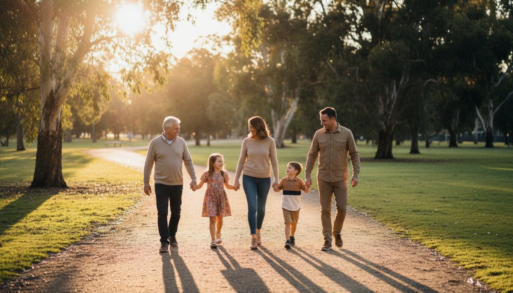 A poignant Springvale South fine art photography heirloom portrait of a multi-generational family, captured at sunset in a vibrant Springvale South park, evoking a sense of enduring legacy and love.