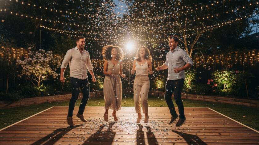 An epic moment of pure joy and laughter during Springvale South Party Photography for Joyful Celebrations, featuring guests dancing energetically under string lights at a vibrant outdoor gathering in Springvale South, professionally lit and color-graded to highlight the celebratory atmosphere.