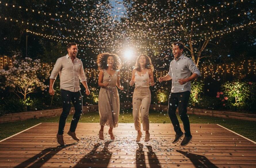 An epic moment of pure joy and laughter during Springvale South Party Photography for Joyful Celebrations, featuring guests dancing energetically under string lights at a vibrant outdoor gathering in Springvale South, professionally lit and color-graded to highlight the celebratory atmosphere.