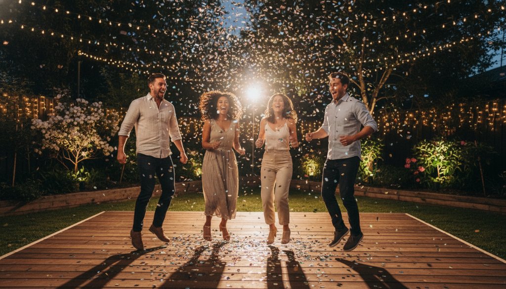 An epic moment of pure joy and laughter during Springvale South Party Photography for Joyful Celebrations, featuring guests dancing energetically under string lights at a vibrant outdoor gathering in Springvale South, professionally lit and color-graded to highlight the celebratory atmosphere.