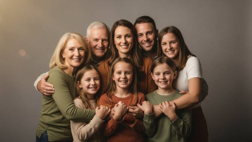 A heartwarming and epic moment captured in a Springvale South Professional Studio Family Portraits session, showing a loving family embracing with dramatic, soft backlighting, creating a timeless and emotional portrait that evokes joy and connection.