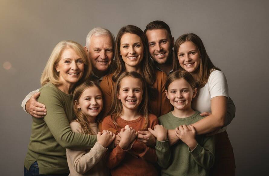A heartwarming and epic moment captured in a Springvale South Professional Studio Family Portraits session, showing a loving family embracing with dramatic, soft backlighting, creating a timeless and emotional portrait that evokes joy and connection.