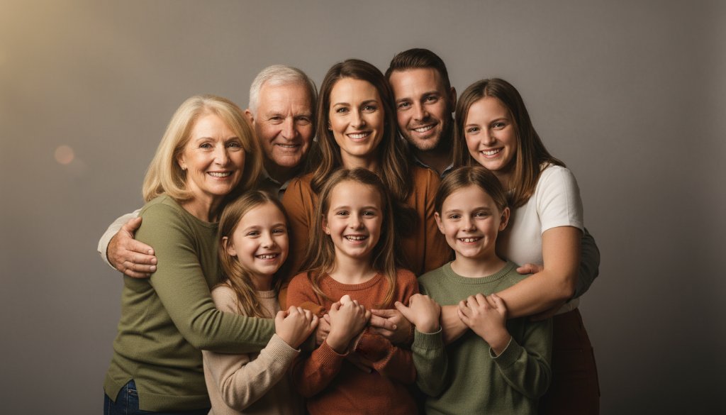 A heartwarming and epic moment captured in a Springvale South Professional Studio Family Portraits session, showing a loving family embracing with dramatic, soft backlighting, creating a timeless and emotional portrait that evokes joy and connection.