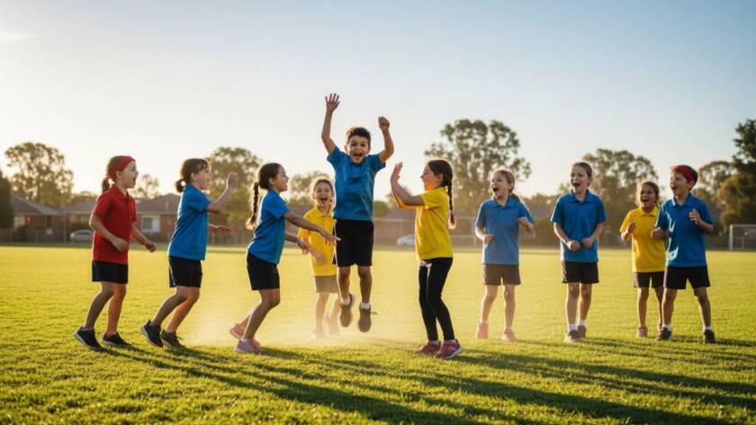 A vibrant, wide-angle professional photograph capturing the peak of Springvale South school photography capturing authentic student joy, featuring a group of diverse primary school students mid-laugh during an outdoor sports day at Springvale South Reserve, with dramatic golden hour lighting, depicting genuine camaraderie and unbridled happiness.