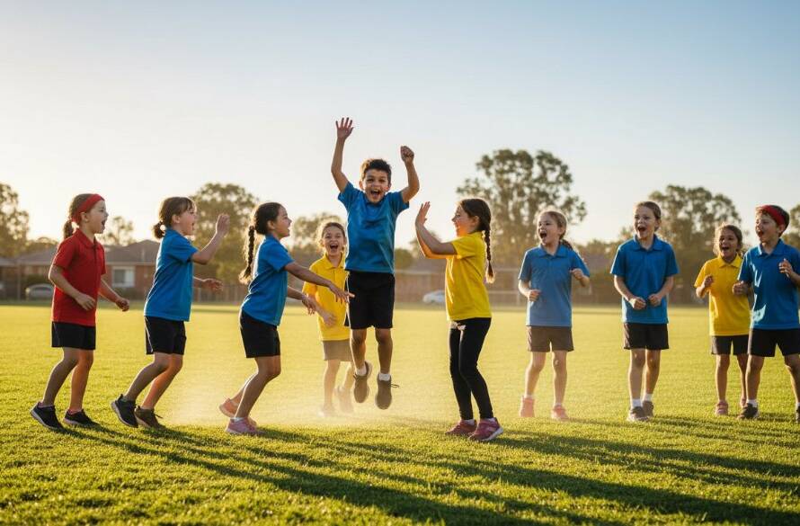 A vibrant, wide-angle professional photograph capturing the peak of Springvale South school photography capturing authentic student joy, featuring a group of diverse primary school students mid-laugh during an outdoor sports day at Springvale South Reserve, with dramatic golden hour lighting, depicting genuine camaraderie and unbridled happiness.