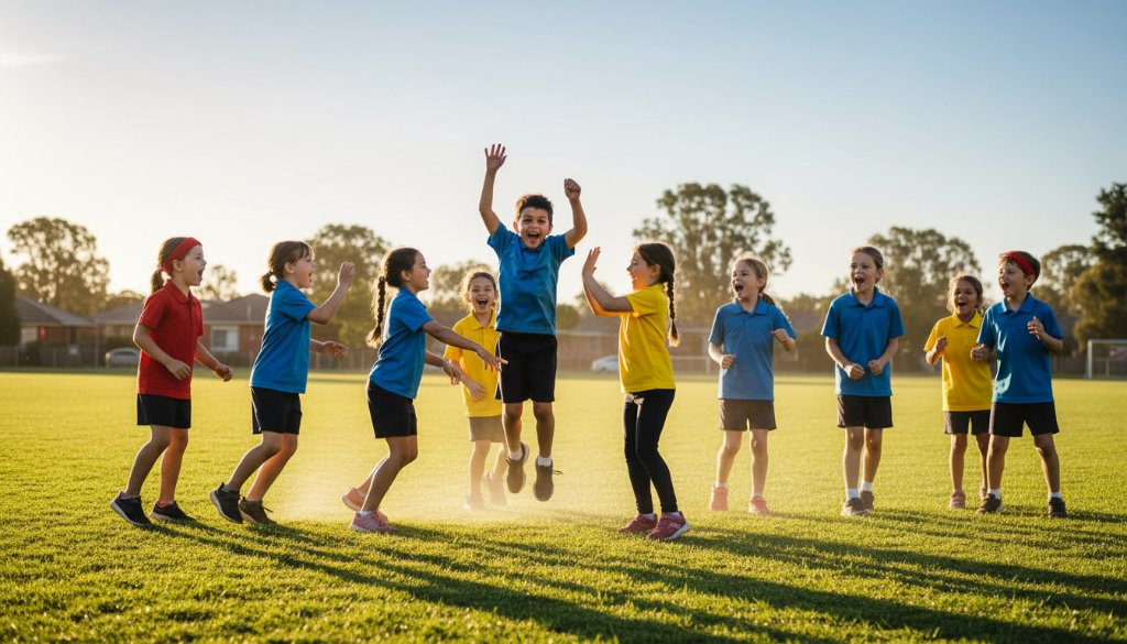 A vibrant, wide-angle professional photograph capturing the peak of Springvale South school photography capturing authentic student joy, featuring a group of diverse primary school students mid-laugh during an outdoor sports day at Springvale South Reserve, with dramatic golden hour lighting, depicting genuine camaraderie and unbridled happiness.