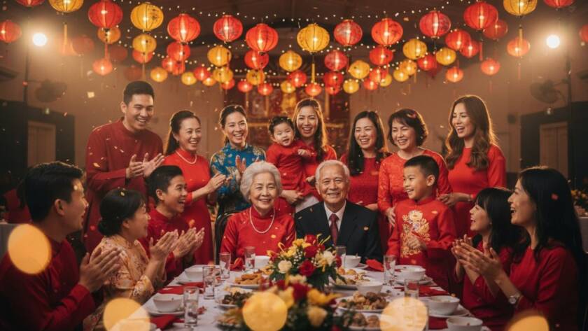 A wide-angle, cinematic photograph capturing a multi-generational family group laughing joyfully during Springvale vibrant party photography capturing joyful celebrations, with festive lanterns and a vibrant community hall background, dramatic warm lighting highlighting their smiles.