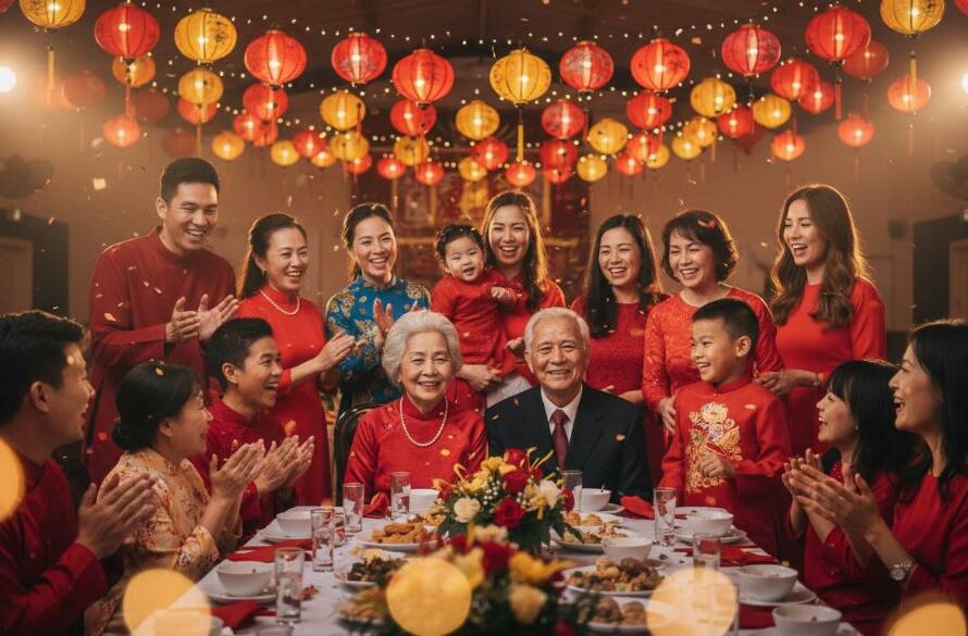 A wide-angle, cinematic photograph capturing a multi-generational family group laughing joyfully during Springvale vibrant party photography capturing joyful celebrations, with festive lanterns and a vibrant community hall background, dramatic warm lighting highlighting their smiles.