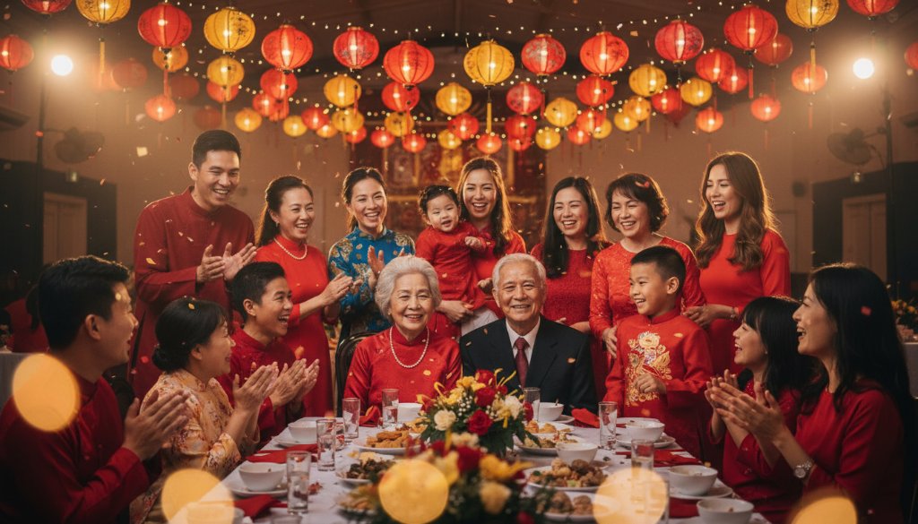 A wide-angle, cinematic photograph capturing a multi-generational family group laughing joyfully during Springvale vibrant party photography capturing joyful celebrations, with festive lanterns and a vibrant community hall background, dramatic warm lighting highlighting their smiles.