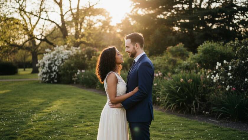 A couple shares a tender, epic moment during their Springvale Victoria pre-wedding photoshoot, backlit by a golden sunset amidst lush greenery, captured with professional, cinematic colour grading.