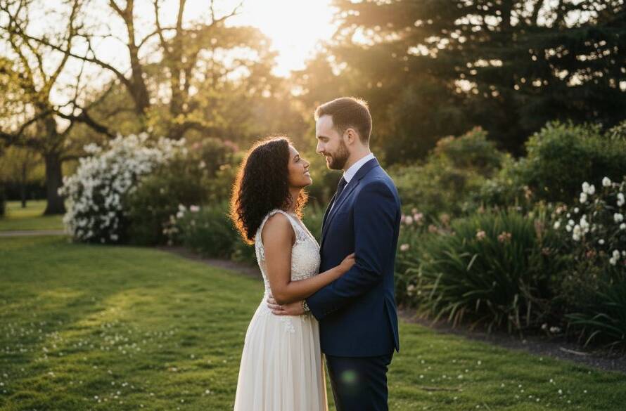 A couple shares a tender, epic moment during their Springvale Victoria pre-wedding photoshoot, backlit by a golden sunset amidst lush greenery, captured with professional, cinematic colour grading.
