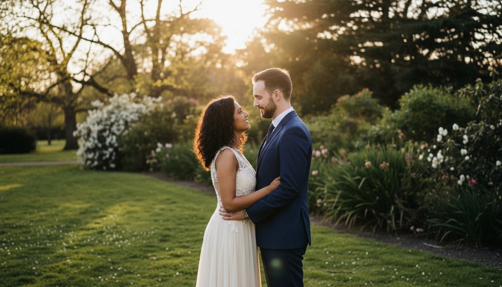 A couple shares a tender, epic moment during their Springvale Victoria pre-wedding photoshoot, backlit by a golden sunset amidst lush greenery, captured with professional, cinematic colour grading.