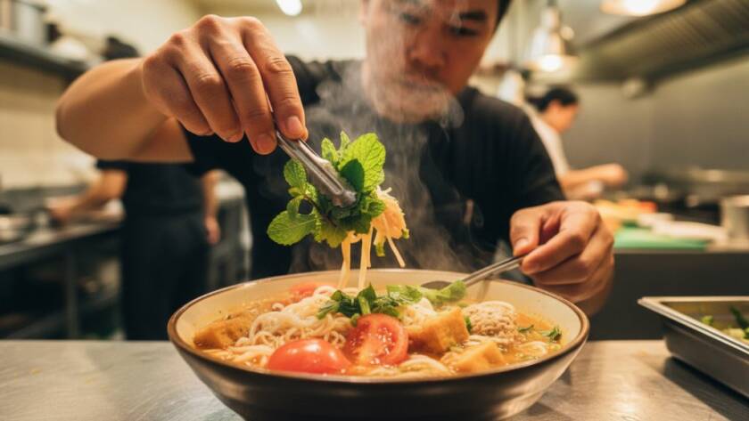 A dramatic, close-up shot of a steaming bowl of authentic pho in a bustling Springvale Vietnamese restaurant, expertly lit to highlight the rich broth and fresh herbs. The focus keyphrase is Springvale Vietnamese food photography expertise, captured with cinematic flair and professional colour grading.