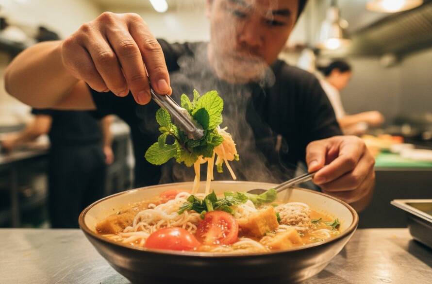 A dramatic, close-up shot of a steaming bowl of authentic pho in a bustling Springvale Vietnamese restaurant, expertly lit to highlight the rich broth and fresh herbs. The focus keyphrase is Springvale Vietnamese food photography expertise, captured with cinematic flair and professional colour grading.