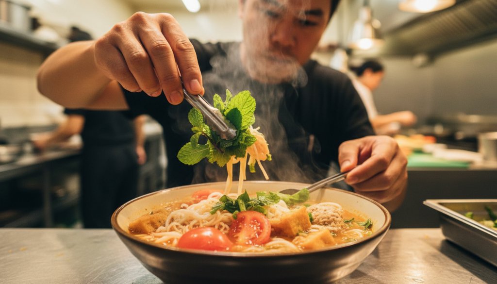 A dramatic, close-up shot of a steaming bowl of authentic pho in a bustling Springvale Vietnamese restaurant, expertly lit to highlight the rich broth and fresh herbs. The focus keyphrase is Springvale Vietnamese food photography expertise, captured with cinematic flair and professional colour grading.