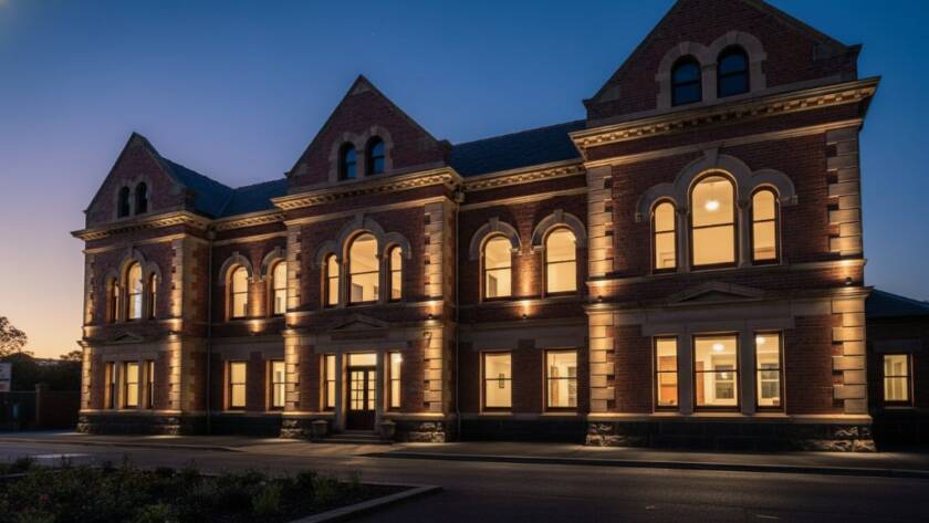An epic, dramatically lit photograph showcasing a beautifully restored heritage building facade in St Albans, Victoria, captured with St Albans architectural facade photography expertise, highlighting intricate details and textures under a golden hour glow.