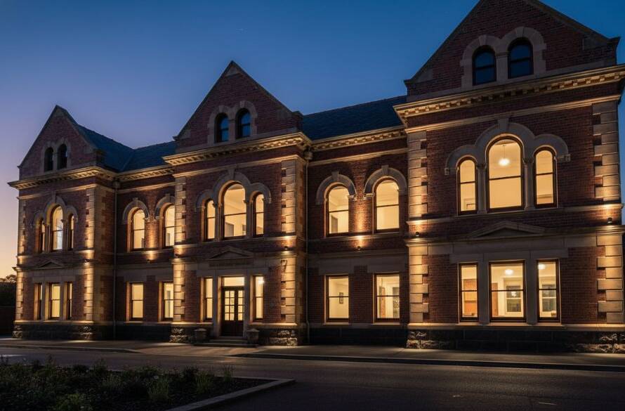 An epic, dramatically lit photograph showcasing a beautifully restored heritage building facade in St Albans, Victoria, captured with St Albans architectural facade photography expertise, highlighting intricate details and textures under a golden hour glow.