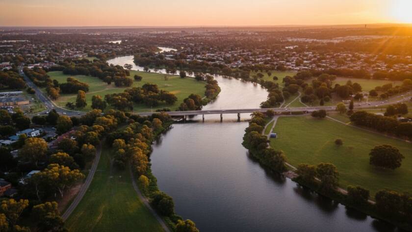 St Albans Drone Photography Victoria Landscapes capturing an epic, golden hour aerial view of the Sunshine Avenue bridge arching over the Maribyrnong River with distant St Albans rooftops bathed in warm light, showcasing the serene urban-natural blend.