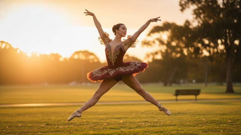 Stunning photograph capturing a dancer mid-air during St Albans expressive dance photography sessions, silhouetted against a dramatic sunset over a local St Albans park, showcasing powerful movement and grace with golden hour lighting.