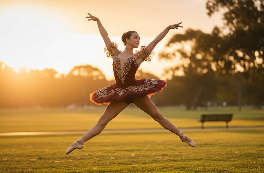 Stunning photograph capturing a dancer mid-air during St Albans expressive dance photography sessions, silhouetted against a dramatic sunset over a local St Albans park, showcasing powerful movement and grace with golden hour lighting.