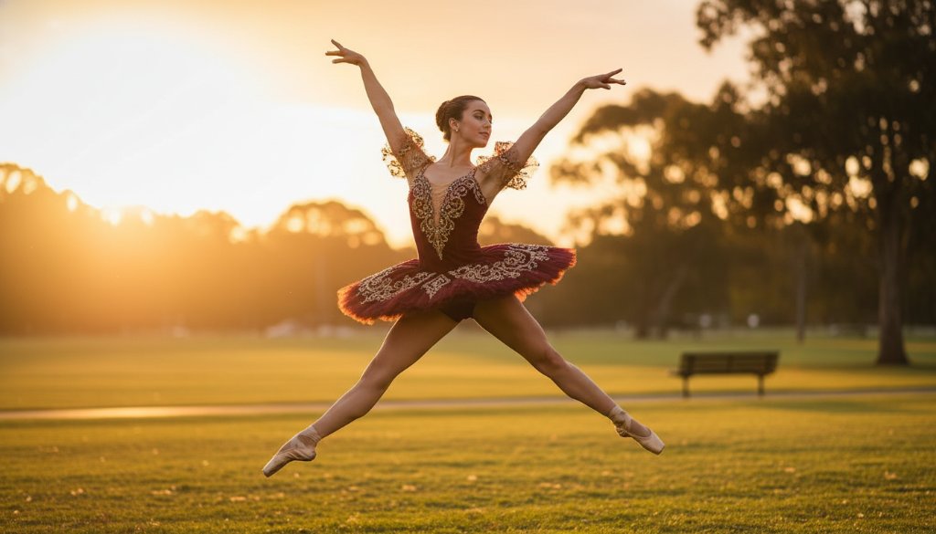 Stunning photograph capturing a dancer mid-air during St Albans expressive dance photography sessions, silhouetted against a dramatic sunset over a local St Albans park, showcasing powerful movement and grace with golden hour lighting.