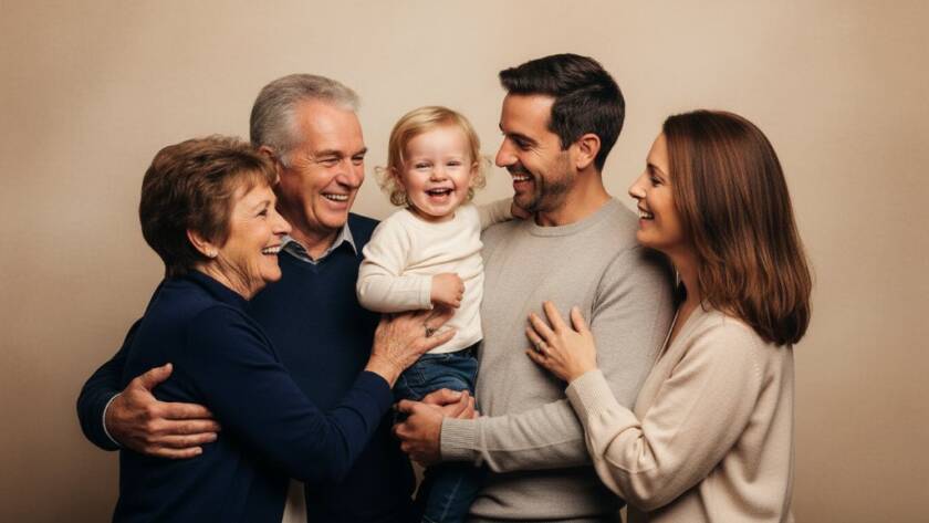 A heartwarming, epic moment captured in a St Albans family portrait studio photography session, showing a family laughing joyfully with dramatic, warm lighting, symbolizing connection and cherished memories.