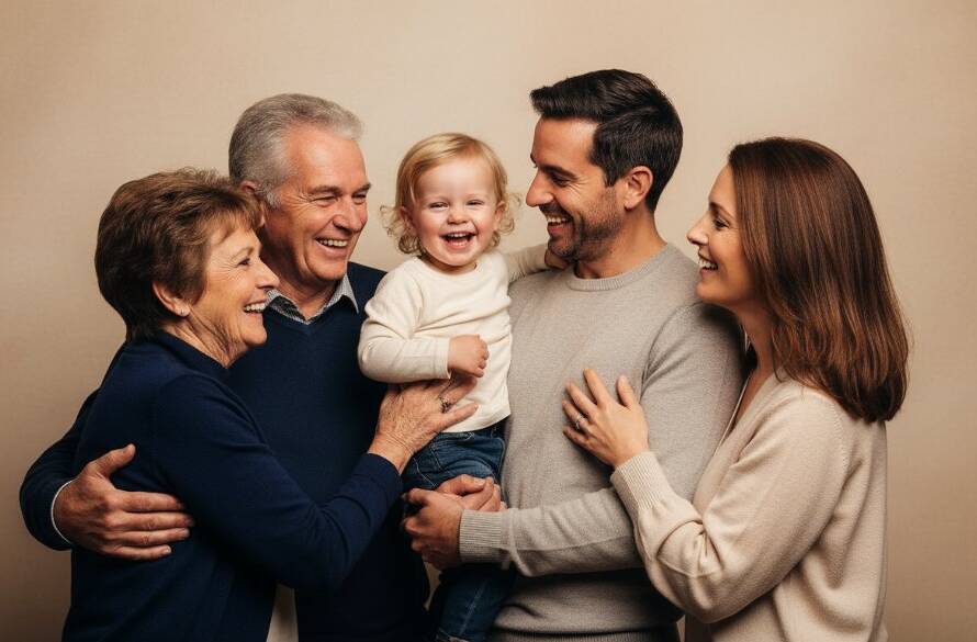A heartwarming, epic moment captured in a St Albans family portrait studio photography session, showing a family laughing joyfully with dramatic, warm lighting, symbolizing connection and cherished memories.