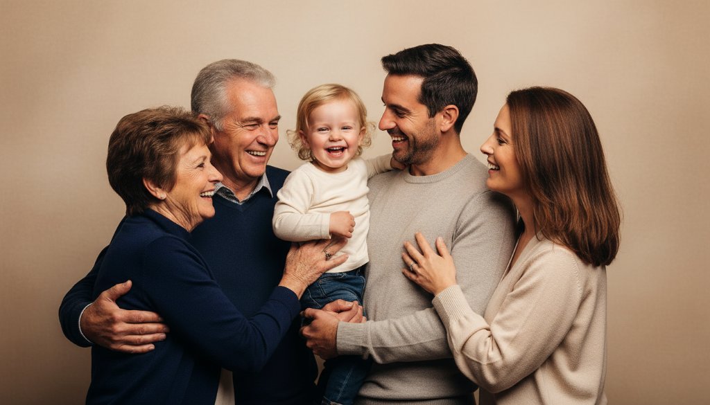 A heartwarming, epic moment captured in a St Albans family portrait studio photography session, showing a family laughing joyfully with dramatic, warm lighting, symbolizing connection and cherished memories.