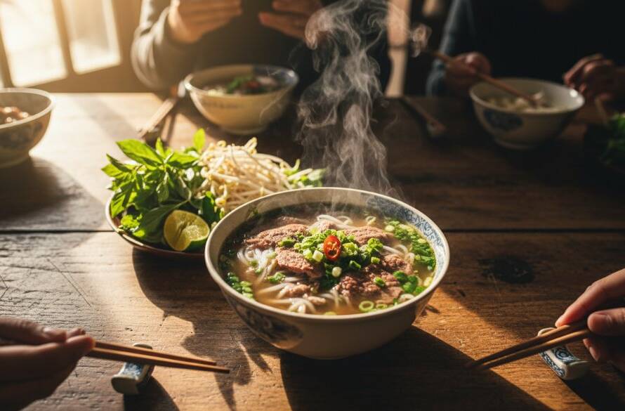 Dynamic overhead shot showcasing St Albans food photography vibrant local flavours, featuring a perfectly plated traditional Vietnamese pho bowl steaming under dramatic light, surrounded by fresh herbs and condiments on a rustic timber table, capturing the essence of St Albans' diverse culinary scene.