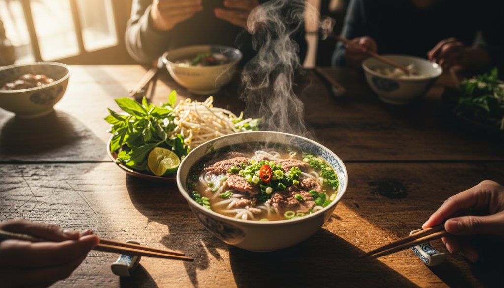 Dynamic overhead shot showcasing St Albans food photography vibrant local flavours, featuring a perfectly plated traditional Vietnamese pho bowl steaming under dramatic light, surrounded by fresh herbs and condiments on a rustic timber table, capturing the essence of St Albans' diverse culinary scene.