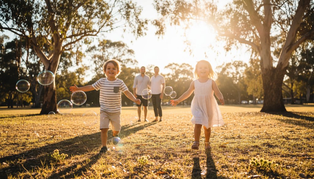 A wide, low-angle shot capturing a joyous St Albans kids photography vibrant outdoor family portrait, with two children (aged 5 and 7) laughing as they chase bubbles in a sun-drenched park at golden hour, their parents smiling softly in the background, creating an epic moment of family connection and playfulness, professionally colour-graded.