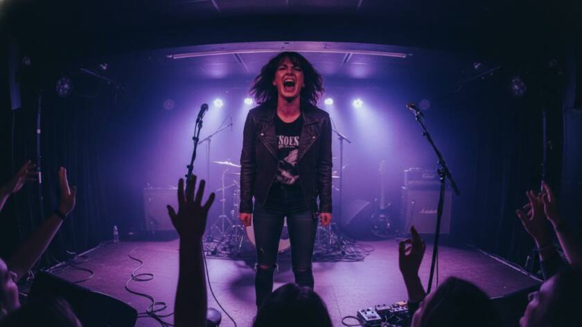 An epic moment of a lead guitarist shredding on stage under dramatic stage lights during a St Albans live music photography Victoria event, capturing intense energy and emotion.