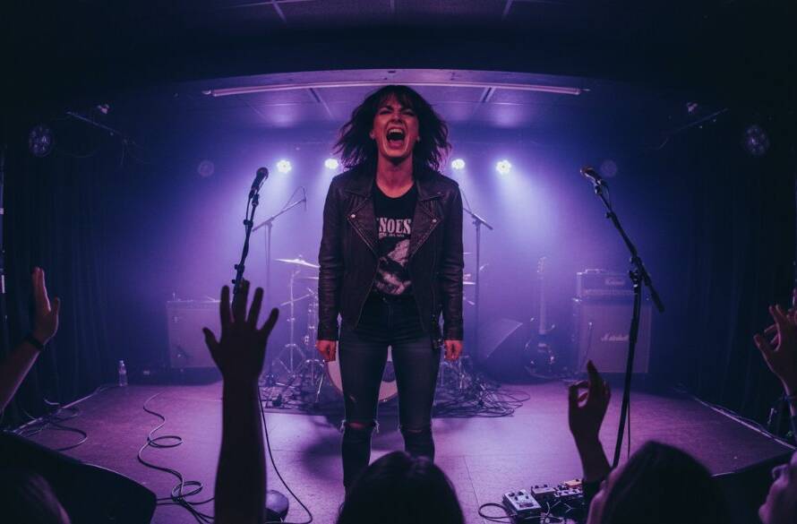An epic moment of a lead guitarist shredding on stage under dramatic stage lights during a St Albans live music photography Victoria event, capturing intense energy and emotion.