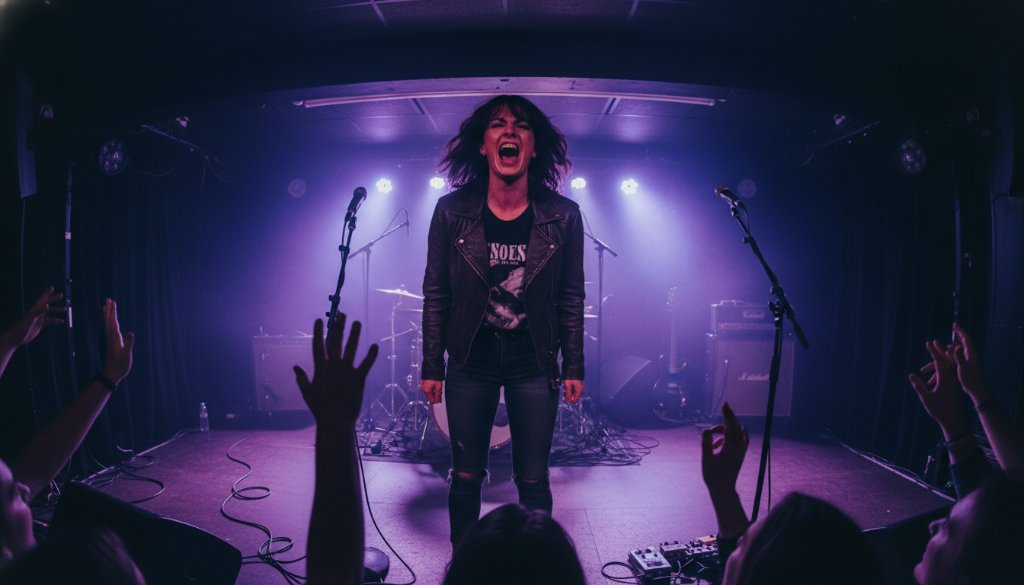 An epic moment of a lead guitarist shredding on stage under dramatic stage lights during a St Albans live music photography Victoria event, capturing intense energy and emotion.