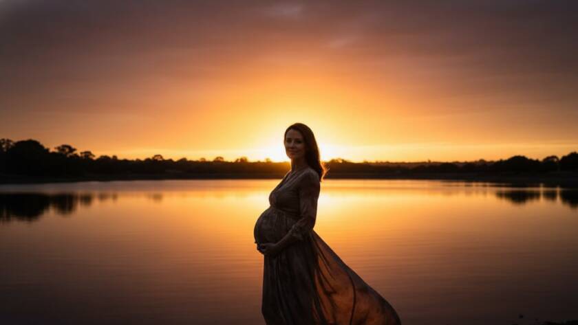 A glowing expectant mother and her partner sharing a tender embrace by a serene lake in St Albans, capturing St Albans maternity photography authentic family moments with dramatic golden hour lighting, cinematic style.