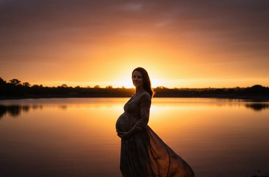 A glowing expectant mother and her partner sharing a tender embrace by a serene lake in St Albans, capturing St Albans maternity photography authentic family moments with dramatic golden hour lighting, cinematic style.