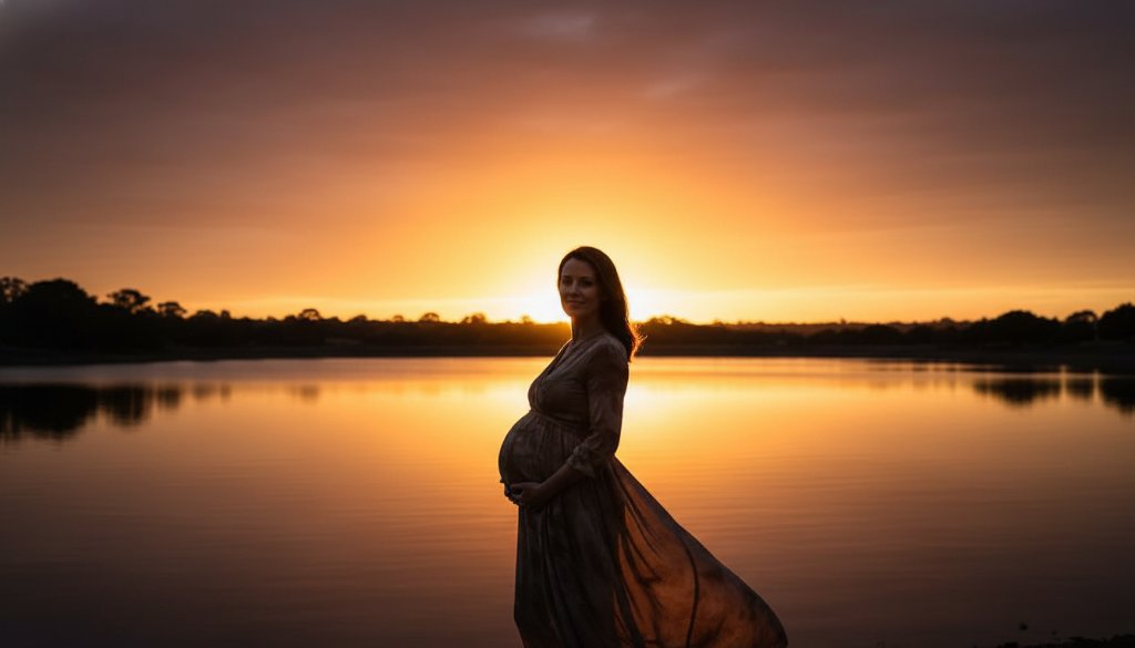 A glowing expectant mother and her partner sharing a tender embrace by a serene lake in St Albans, capturing St Albans maternity photography authentic family moments with dramatic golden hour lighting, cinematic style.