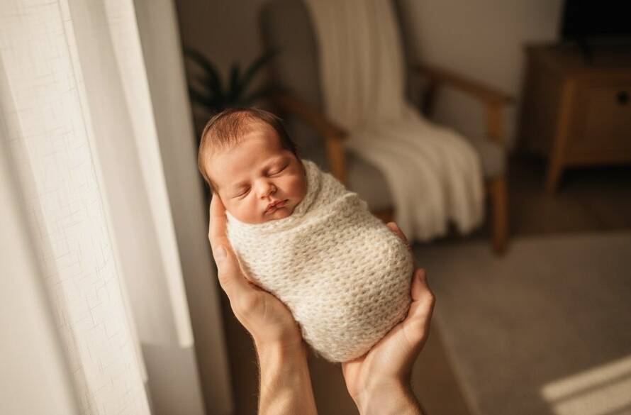 An intimate, heartwarming moment captured in St Albans newborn photography natural light, featuring a sleeping baby cradled by gentle parents' hands, bathed in soft, ethereal daylight.