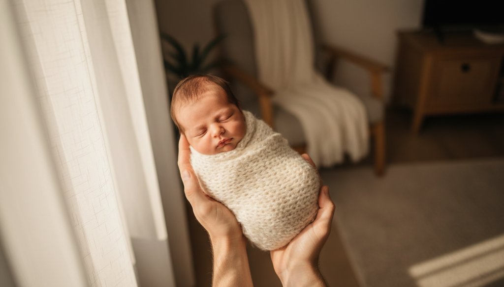 An intimate, heartwarming moment captured in St Albans newborn photography natural light, featuring a sleeping baby cradled by gentle parents' hands, bathed in soft, ethereal daylight.