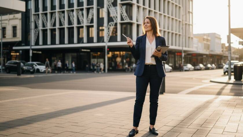 An inspiring St Albans personal brand photography for entrepreneurs shot, featuring a dynamic female entrepreneur confidently striding through a vibrant St Albans street market, a subtle smile on her face, bathed in golden hour light, with her modern laptop bag in hand, conveying ambition and local connection. The background shows blurred market activity, adding depth and authenticity to this epic moment of professional success.