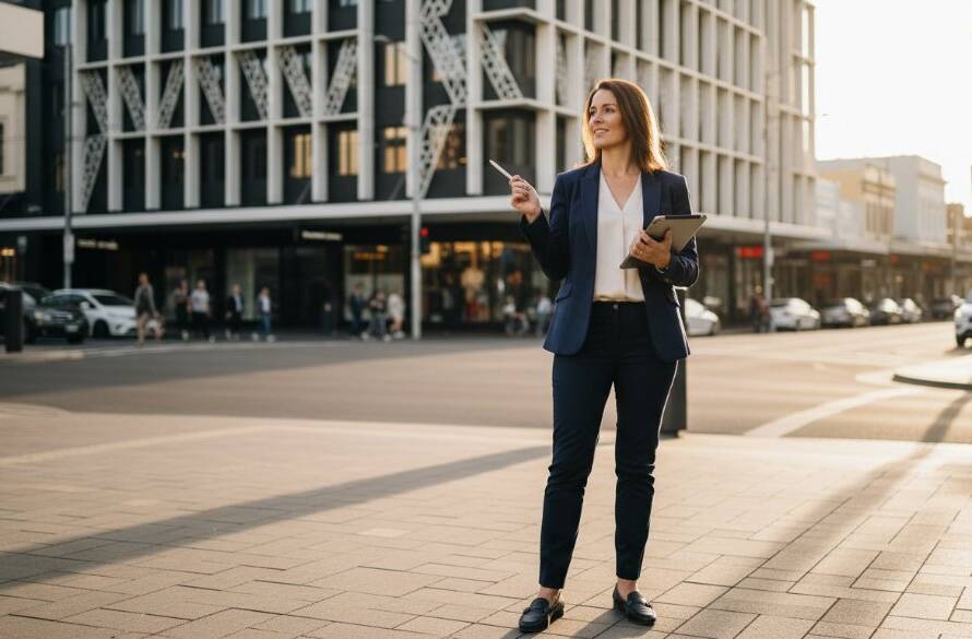 An inspiring St Albans personal brand photography for entrepreneurs shot, featuring a dynamic female entrepreneur confidently striding through a vibrant St Albans street market, a subtle smile on her face, bathed in golden hour light, with her modern laptop bag in hand, conveying ambition and local connection. The background shows blurred market activity, adding depth and authenticity to this epic moment of professional success.