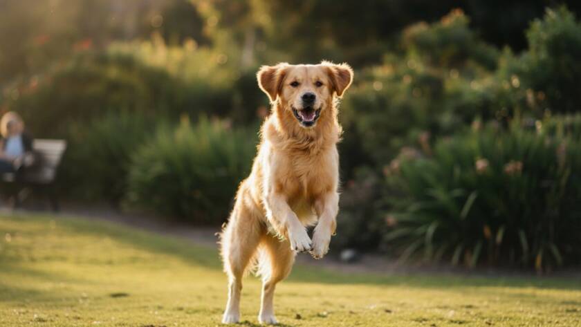 A joyous golden retriever mid-leap, catching a ball in a sun-dappled St Albans park, embodying the spirit of St Albans professional pet photography playful outdoor portraits. Dramatic lighting highlights its fur and the dynamic movement.