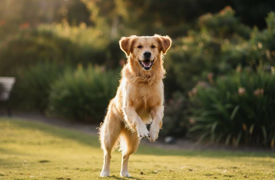 A joyous golden retriever mid-leap, catching a ball in a sun-dappled St Albans park, embodying the spirit of St Albans professional pet photography playful outdoor portraits. Dramatic lighting highlights its fur and the dynamic movement.