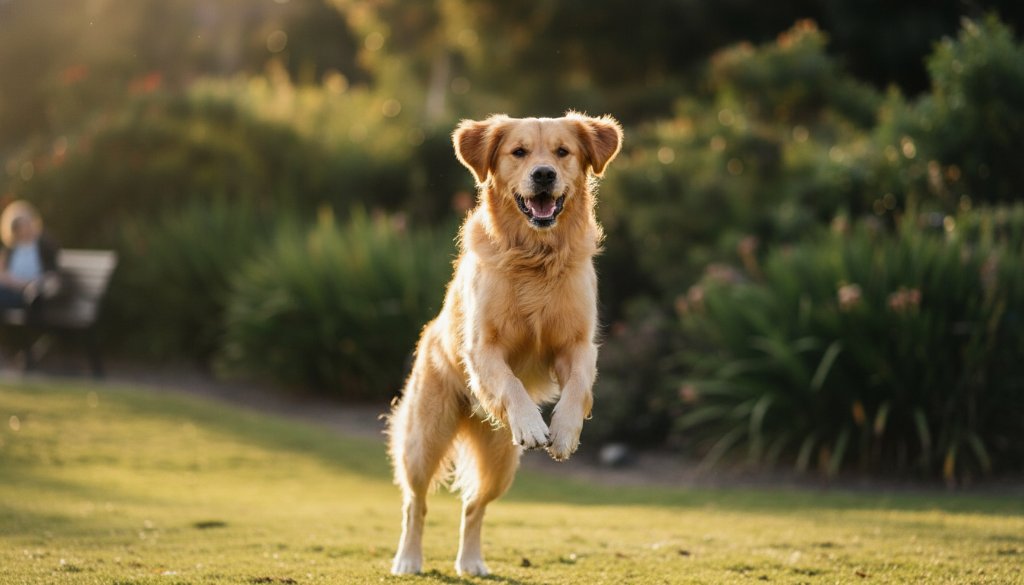 A joyous golden retriever mid-leap, catching a ball in a sun-dappled St Albans park, embodying the spirit of St Albans professional pet photography playful outdoor portraits. Dramatic lighting highlights its fur and the dynamic movement.